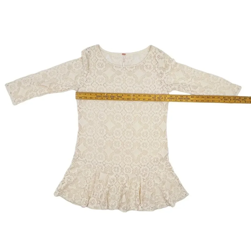 Free People Dress Womens 10 Ivory Lace Ruffle Hem 3/4 Sleeve Sheath *Read